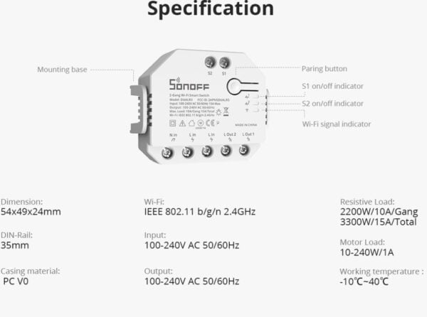 Sonoff Dual R3 2CH WiFi Smart Switch (Built in Power Monitoring)